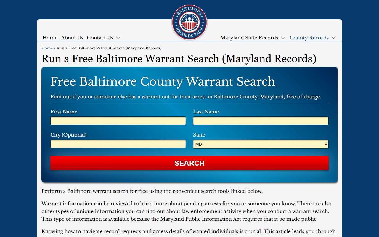 Baltimore County warrant records search page
