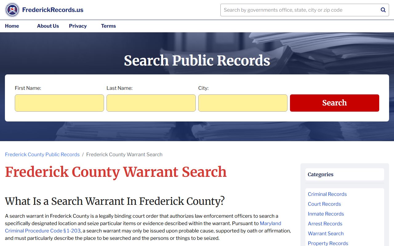 Frederick County Sheriff warrant records search page