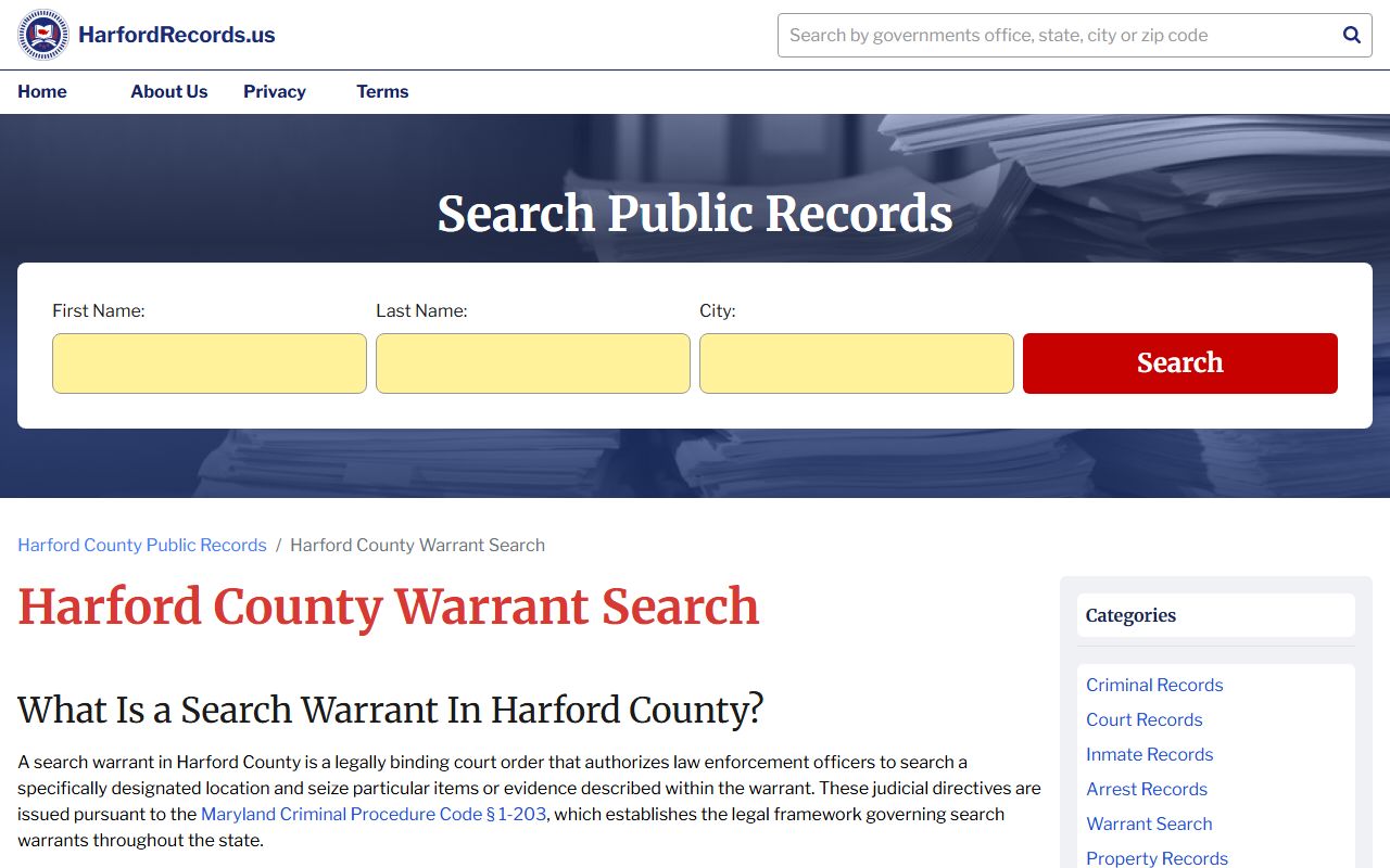 Harford County Sheriff warrant records search portal