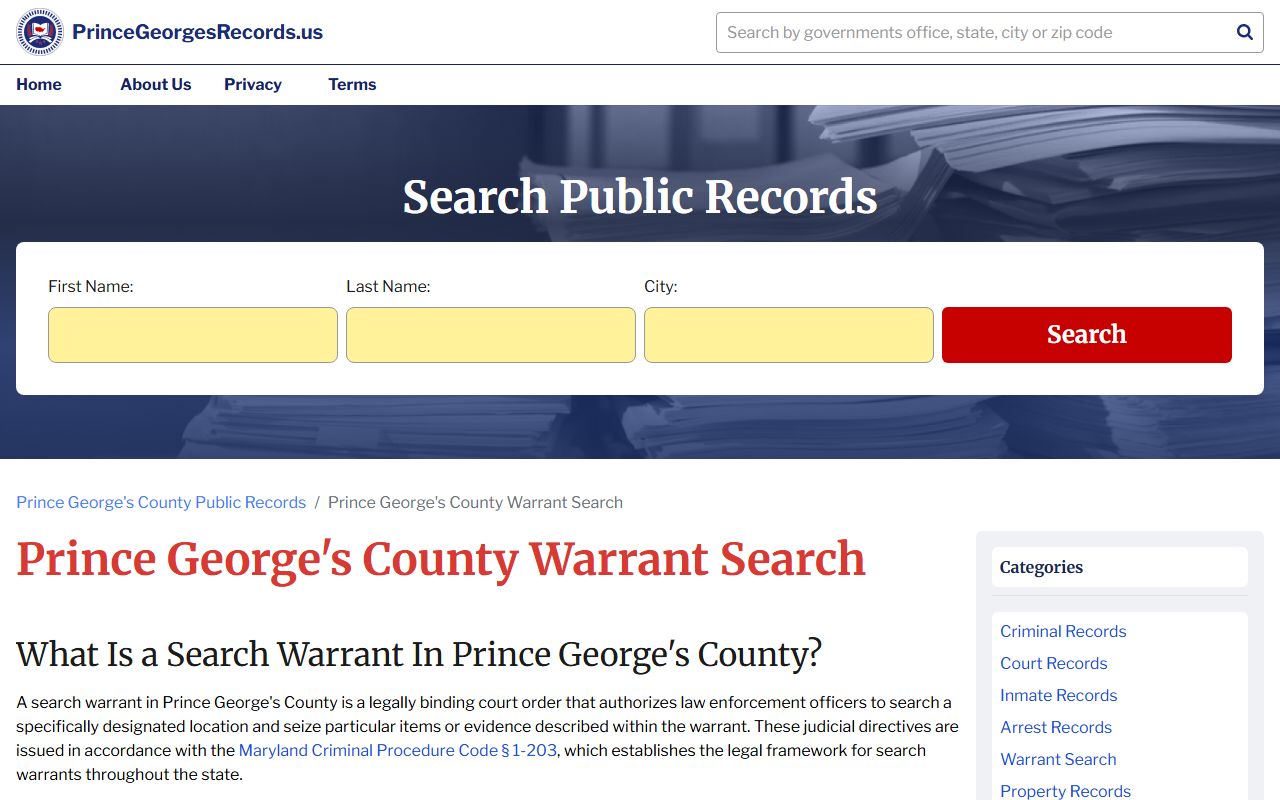 Prince George's County warrant records search page