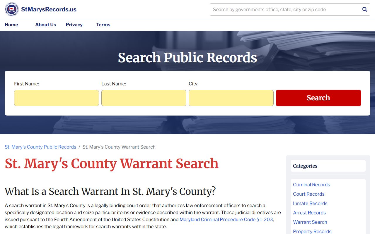 St. Mary's County warrant records Sheriff's Office website