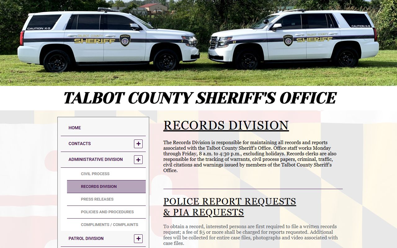 Talbot County Sheriff's Office website for warrant records in Talbot County